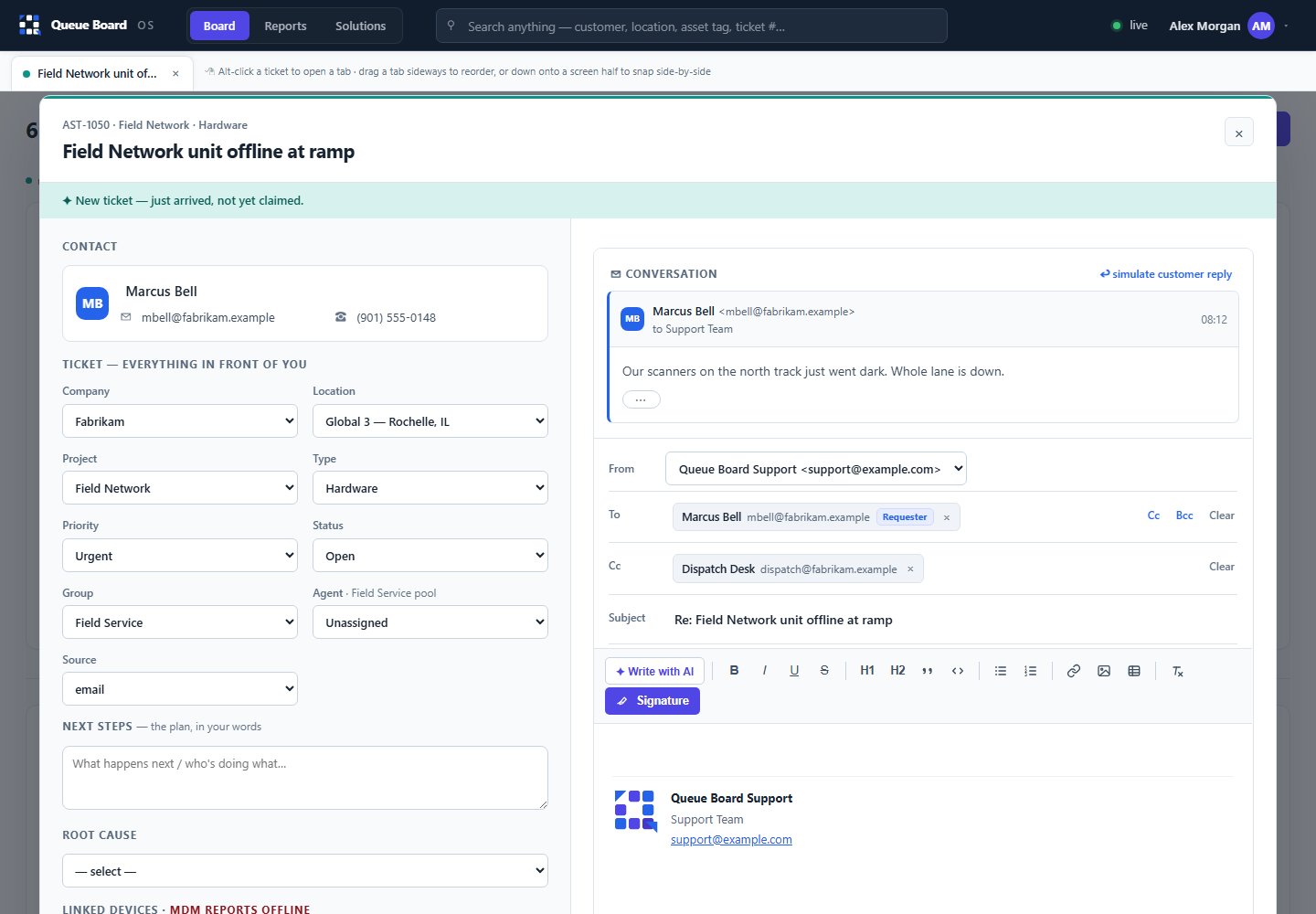 An actual Queue Board ticket with customer details and an integrated email composer